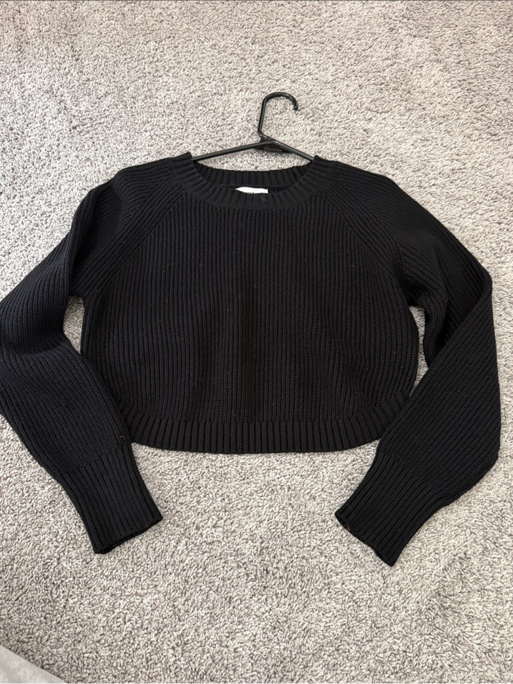 superdown Black Cropped Ribbed Crewneck Sweater, high back